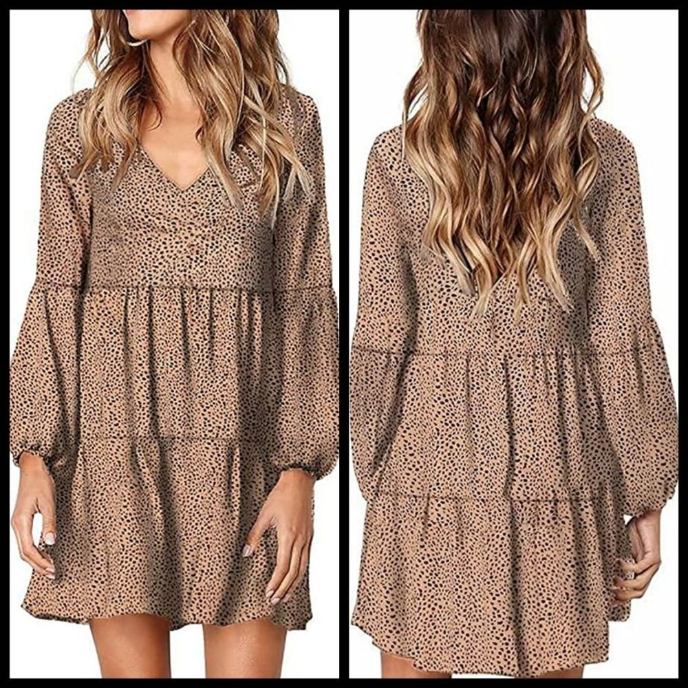 Boho chic ruffle dress animal print brown spring fall dress Boutique style - Picture 2 of 6